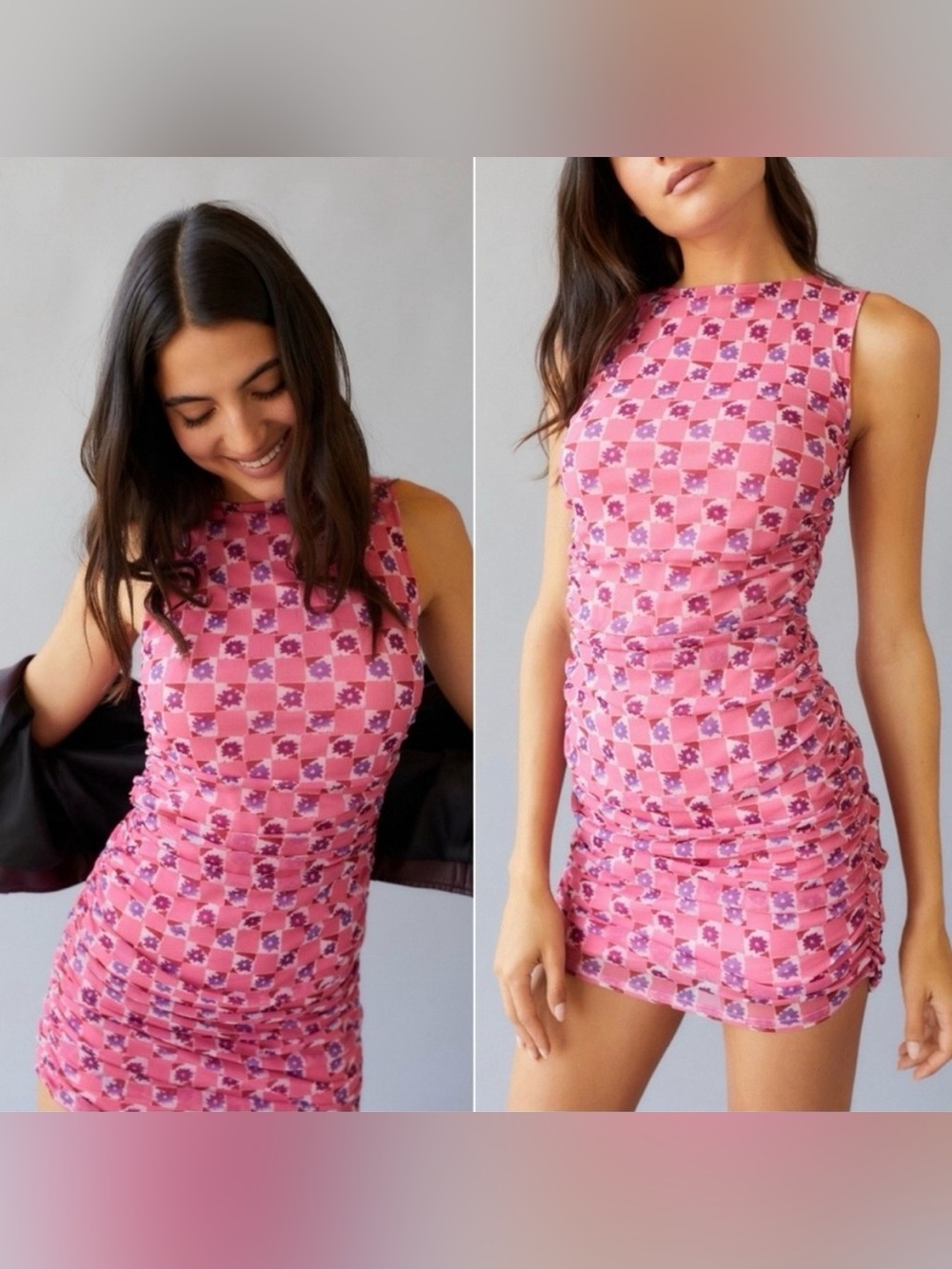 Urban Outfitters Pink Floral Check Ruched Sheath Dress